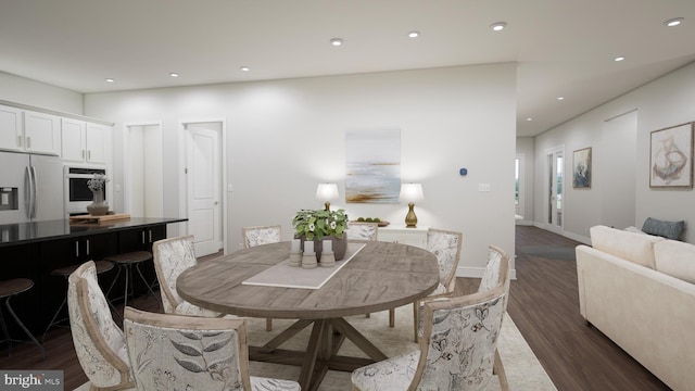 dining space with baseboards, dark wood-style floors, and recessed lighting