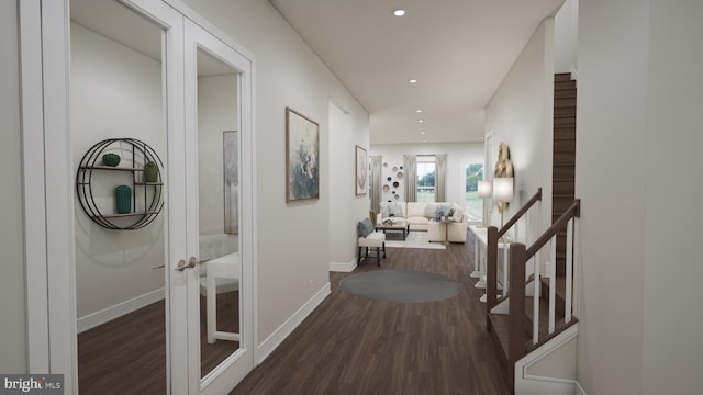 hall with wood finished floors, baseboards, stairs, and recessed lighting