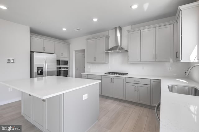 kitchen with wall chimney exhaust hood, a kitchen island, appliances with stainless steel finishes, gray cabinets, and a sink