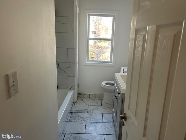 full bathroom featuring toilet, marble finish floor, and vanity