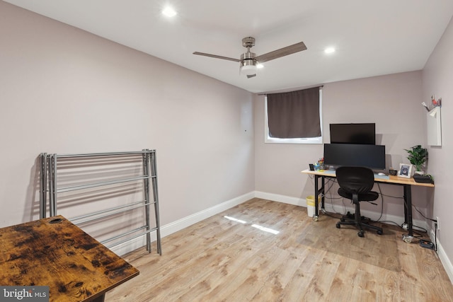 office space featuring recessed lighting, ceiling fan, baseboards, and wood finished floors