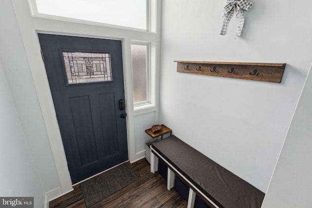 mudroom with dark wood finished floors