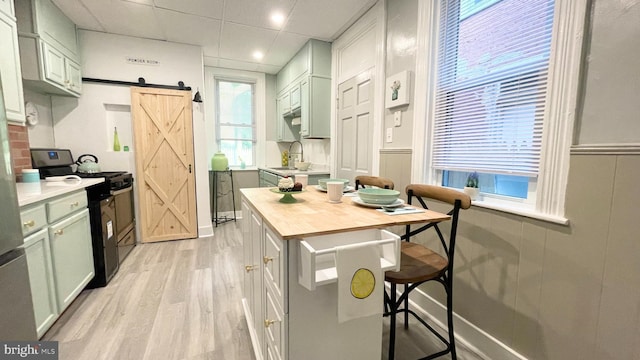 kitchen featuring light wood finished floors, gas range oven, green cabinets, a barn door, and a sink