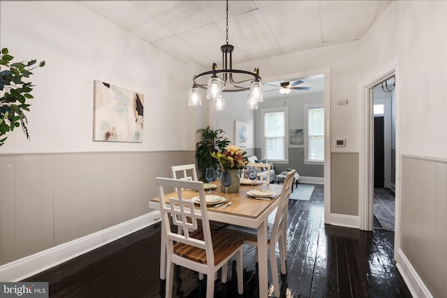 dining room with dark wood-type flooring and wainscoting