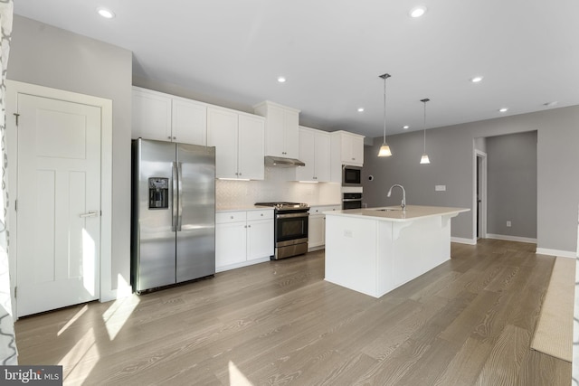 kitchen with under cabinet range hood, stainless steel appliances, wood finished floors, a sink, and decorative backsplash