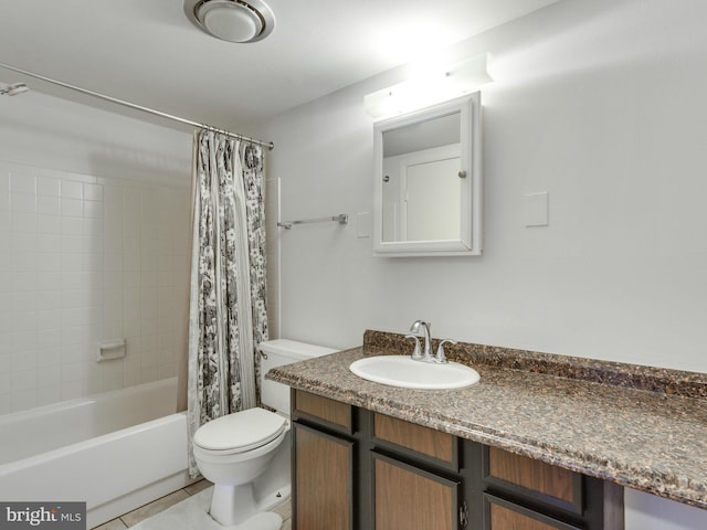 bathroom featuring toilet, tile patterned flooring, shower / bath combo with shower curtain, and vanity