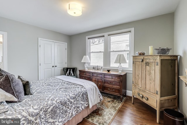 bedroom with a closet and dark wood-type flooring