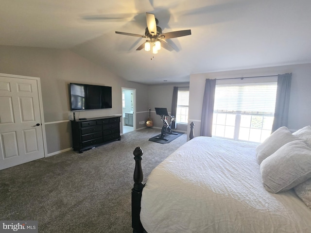 bedroom featuring lofted ceiling, carpet, a ceiling fan, and baseboards