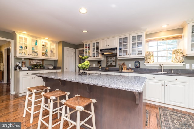 kitchen with recessed lighting, under cabinet range hood, wood finished floors, a sink, and a kitchen bar