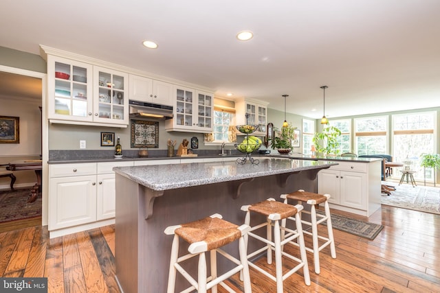 kitchen featuring a center island, recessed lighting, light wood-style flooring, under cabinet range hood, and a kitchen bar