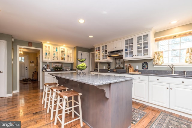 kitchen with light wood-style floors, a kitchen bar, a sink, and under cabinet range hood