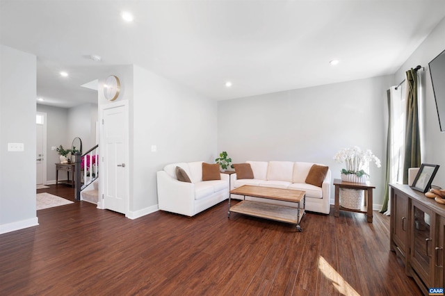 living room with baseboards, stairway, dark wood finished floors, and recessed lighting