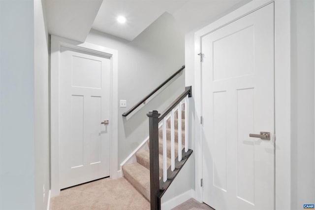 stairs featuring recessed lighting, carpet flooring, and baseboards