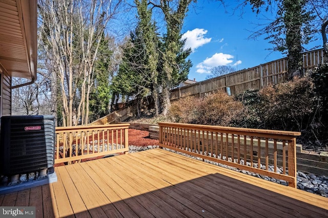 wooden deck with central air condition unit and fence