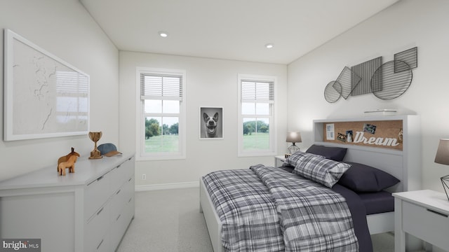 bedroom with baseboards, recessed lighting, and light colored carpet