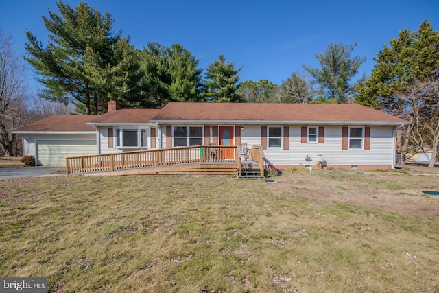 ranch-style home with driveway, a chimney, crawl space, an attached garage, and a front lawn