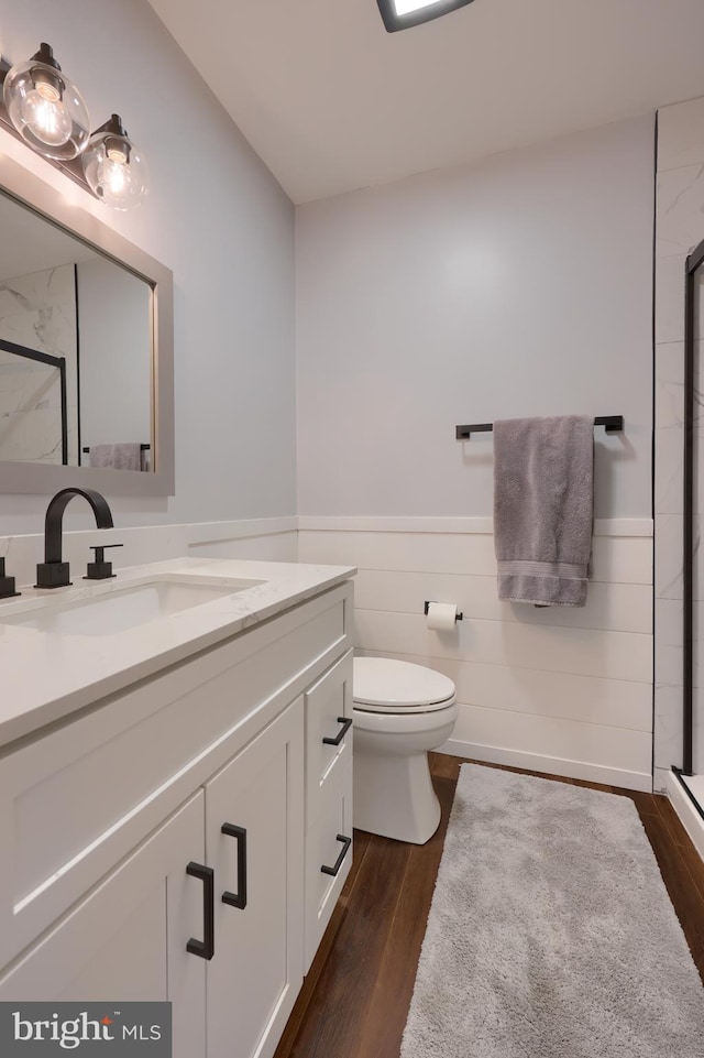 bathroom featuring toilet, a wainscoted wall, wood finished floors, vanity, and an enclosed shower