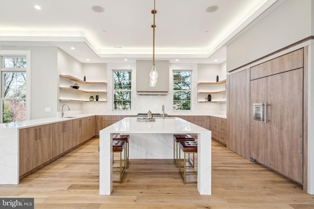 kitchen with modern cabinets, a tray ceiling, light wood-style floors, open shelves, and a sink