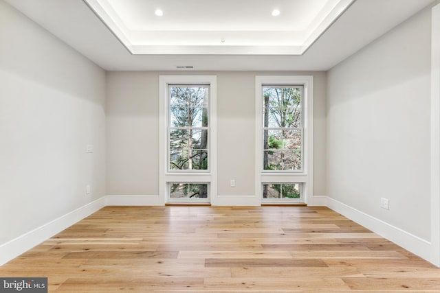 spare room featuring light wood-style floors, baseboards, and a raised ceiling