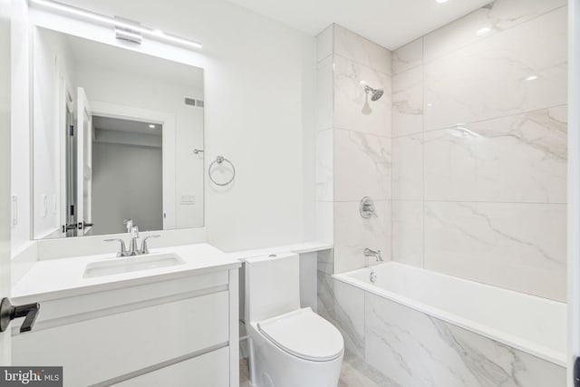 bathroom with a combined bath / shower with marble appearance, visible vents, vanity, and toilet