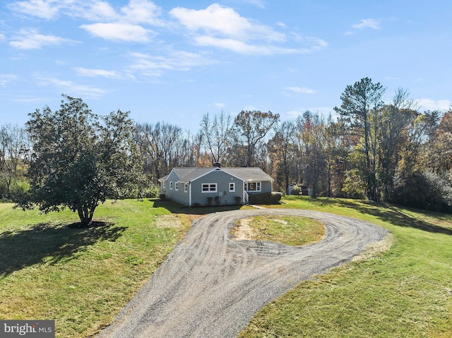 view of front of house with curved driveway and a front lawn