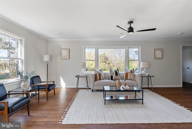 living room featuring dark wood-style floors, a healthy amount of sunlight, and crown molding