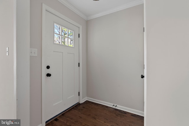 entrance foyer with baseboards, ornamental molding, and dark wood-style flooring