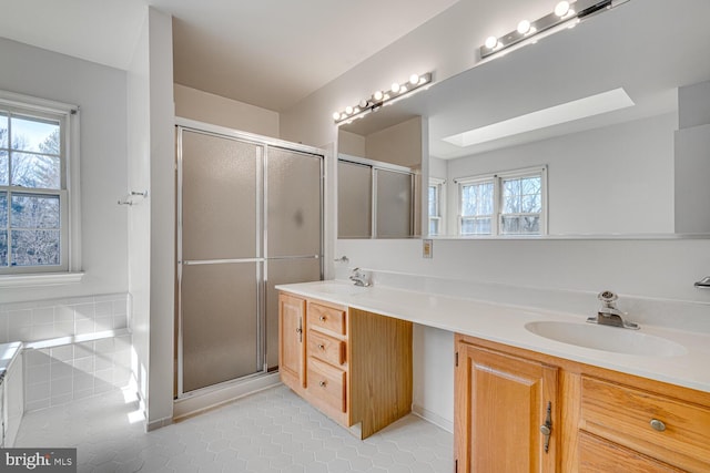 bathroom with double vanity, a healthy amount of sunlight, a shower stall, and a sink