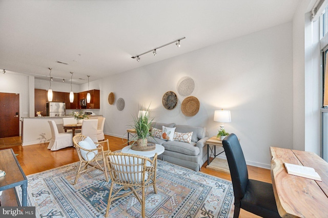 living room with light wood-style flooring, baseboards, and track lighting