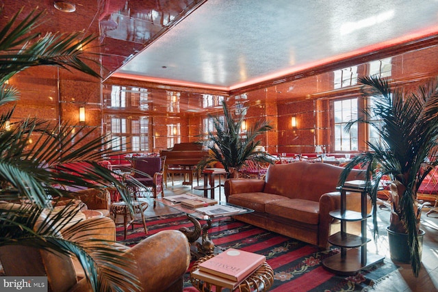 living area with a textured ceiling