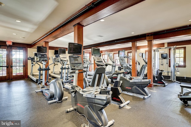 exercise room featuring french doors