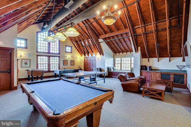 game room featuring carpet flooring, wood ceiling, and high vaulted ceiling