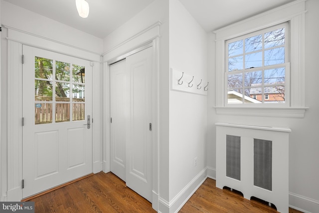 entryway featuring a healthy amount of sunlight, baseboards, and wood finished floors