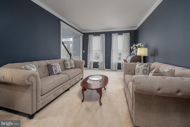 carpeted living area with ornamental molding