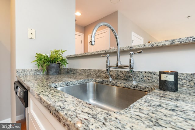 details featuring stone counters, baseboards, a sink, and dishwasher