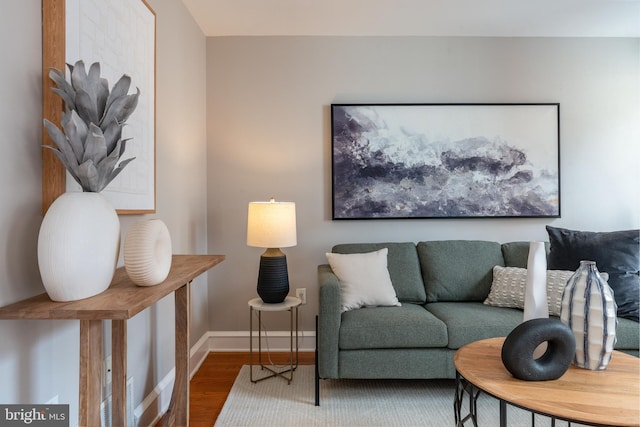 living area featuring baseboards and wood finished floors