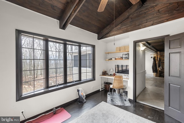 office area with vaulted ceiling with beams, built in desk, wood ceiling, ceiling fan, and baseboards