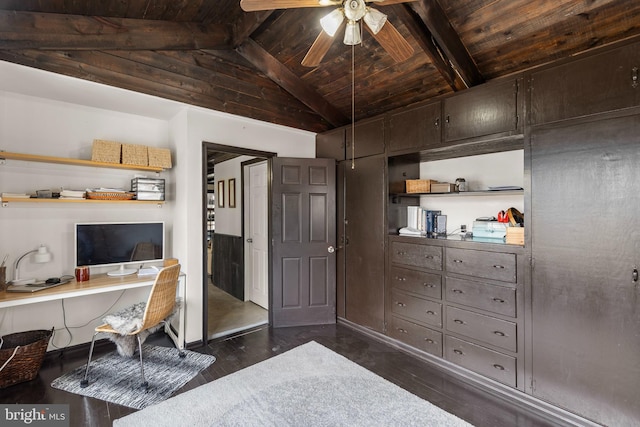 home office with dark wood-style floors, vaulted ceiling with beams, wood ceiling, built in study area, and ceiling fan