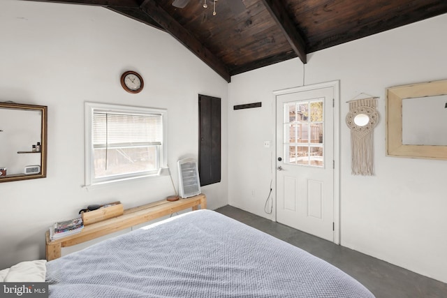 bedroom featuring lofted ceiling with beams, concrete floors, wood ceiling, and heating unit