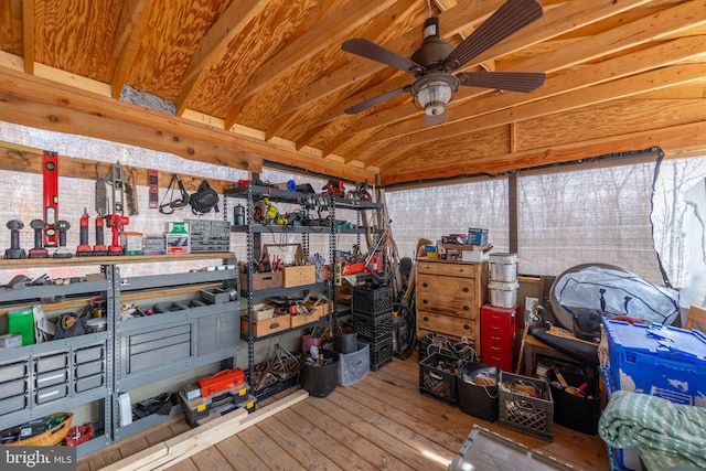 storage area featuring ceiling fan