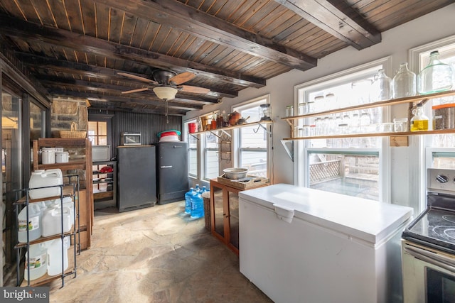 kitchen with wood ceiling, beamed ceiling, freestanding refrigerator, white fridge, and stainless steel range with electric stovetop