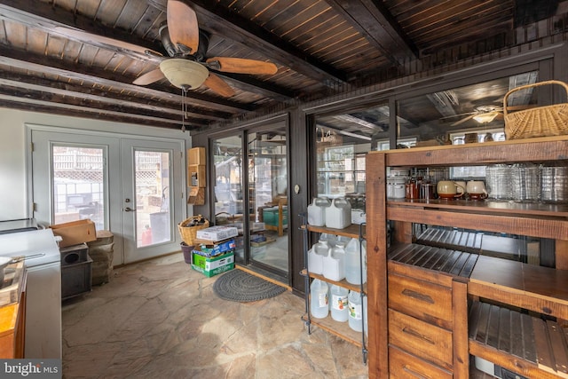 storage room featuring french doors and a ceiling fan