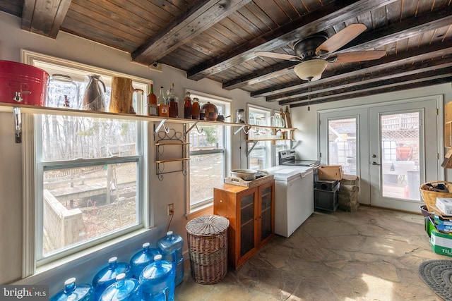 clothes washing area with washer / dryer, wood ceiling, french doors, and ceiling fan