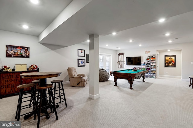 playroom with baseboards, light colored carpet, and recessed lighting