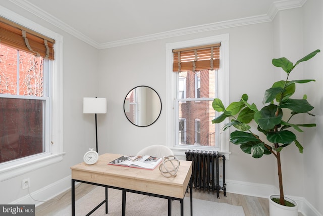 office area featuring ornamental molding, baseboards, light wood finished floors, and radiator heating unit