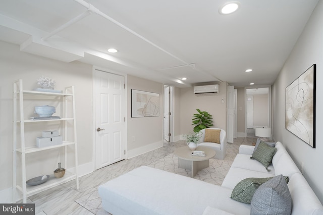 living area featuring marble finish floor, recessed lighting, baseboards, and a wall mounted AC