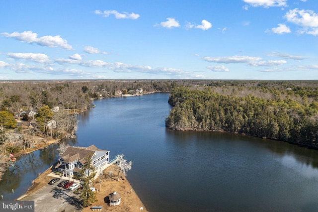 drone / aerial view featuring a water view and a wooded view