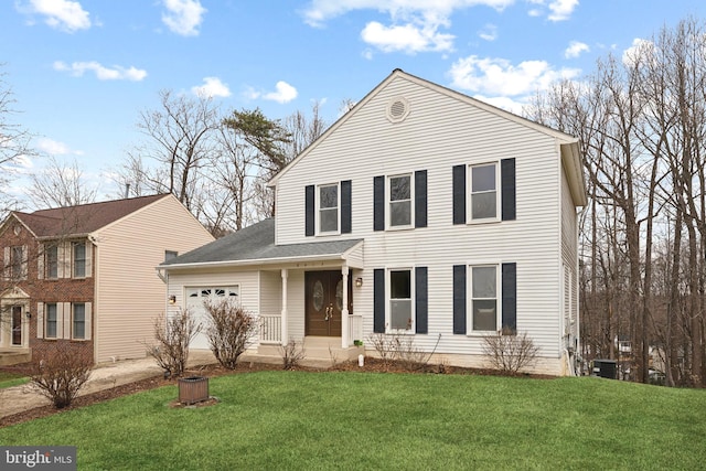 view of front of property featuring a garage, central air condition unit, a porch, and a front lawn