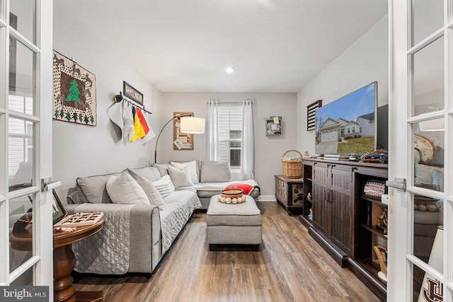 living room with baseboards and wood finished floors