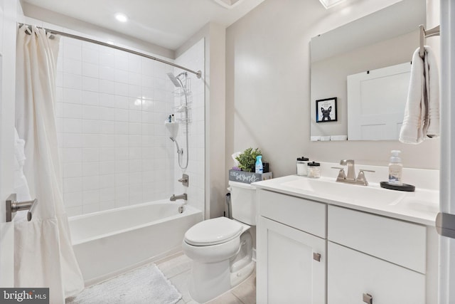 full bathroom with shower / bath combination with curtain, tile patterned flooring, vanity, and toilet